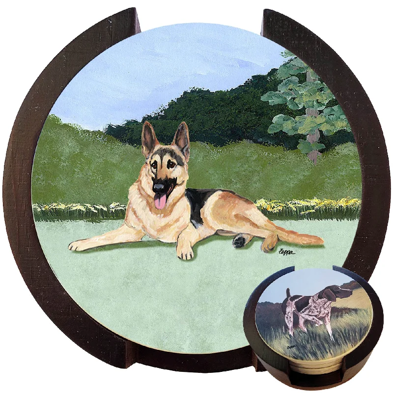 - Dog heart rate monitoring collarPet raincoat- Plush pet toy selection   - Natural ingredient cat food  - Where to buy imported dog foodGerman Shepherd Dog Scenic Bisque Coaster Set